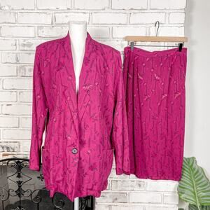 Vintage 80s Magenta Pink Floral Boho Southwestern Print Blazer Skirt Set 14